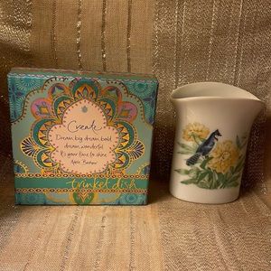 Intrinsic trinket dish with saying and small vase with blue jay